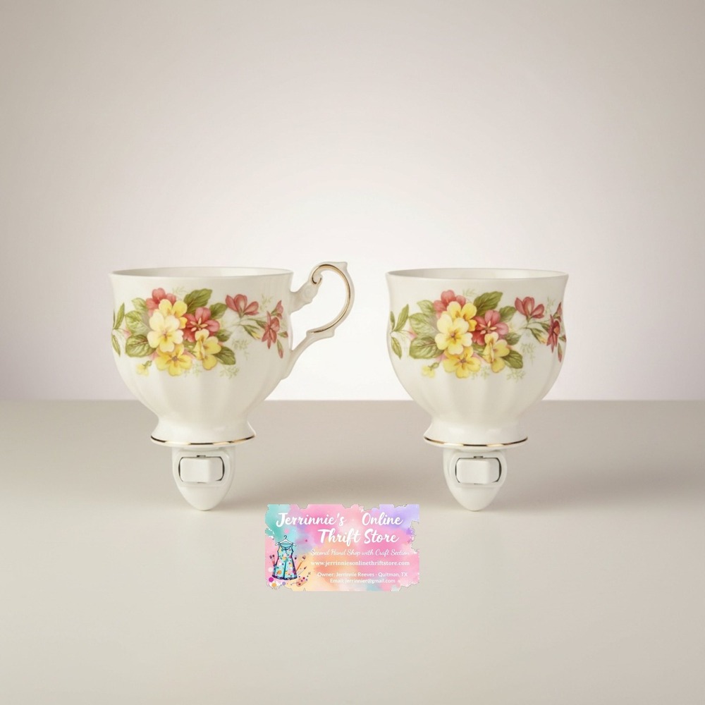 Vintage Floral Porcelain Teacup Night Light Set Cottagecore Decor 2pc